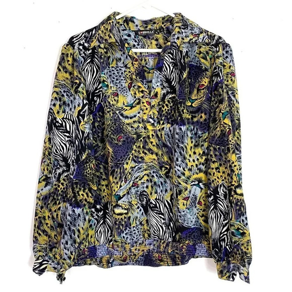 Vintage 80s Animal Leopard Print Pullover Henley Blouse Womens Size 14 / XL - Picture 1 of 13